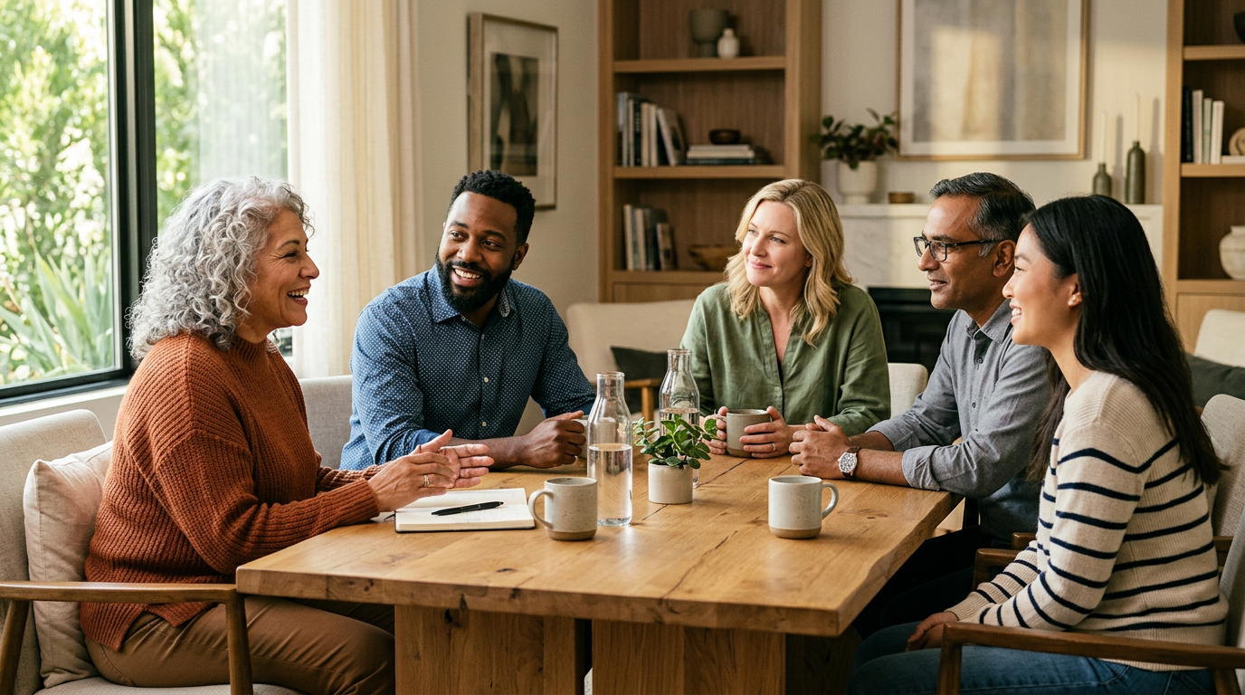 Adults in a warm, supportive group conversation